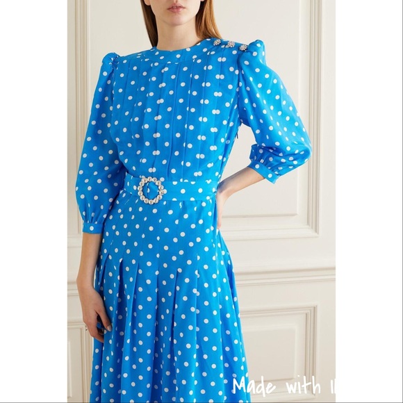 Azure Blue Alessandra Rich Pleated Embellished Silk Crepe de Chine Dress - Picture 5 of 16